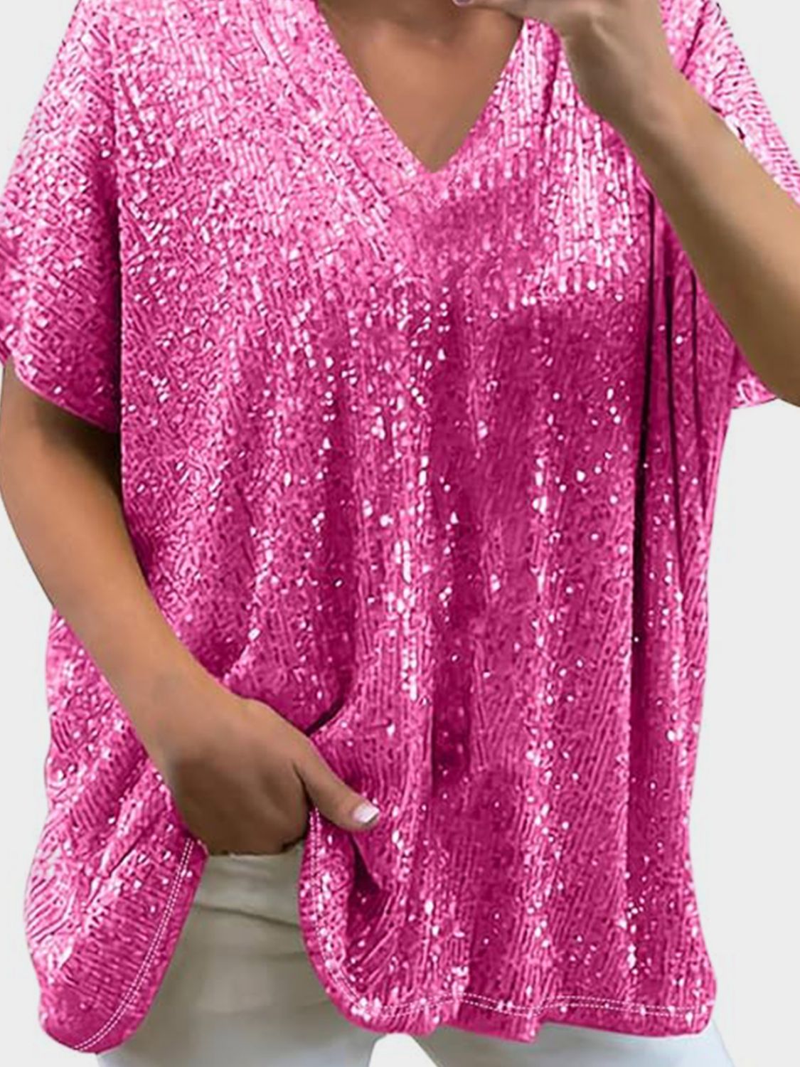 Buy deep-rose Full Size Sequin V-Neck Short Sleeve Top