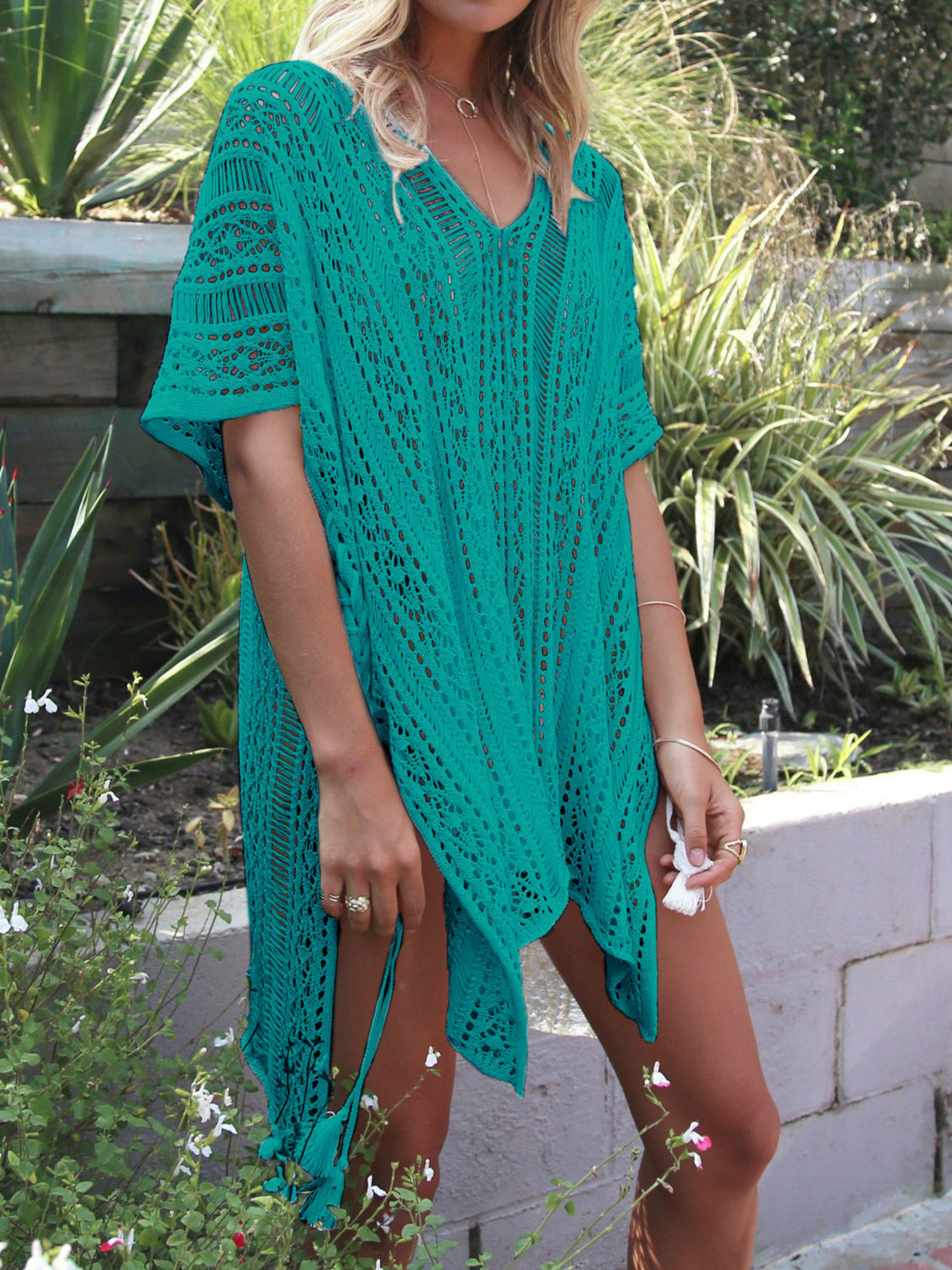 Buy teal Angel Wings Cutout V-Neck Cover-Up with Tassel