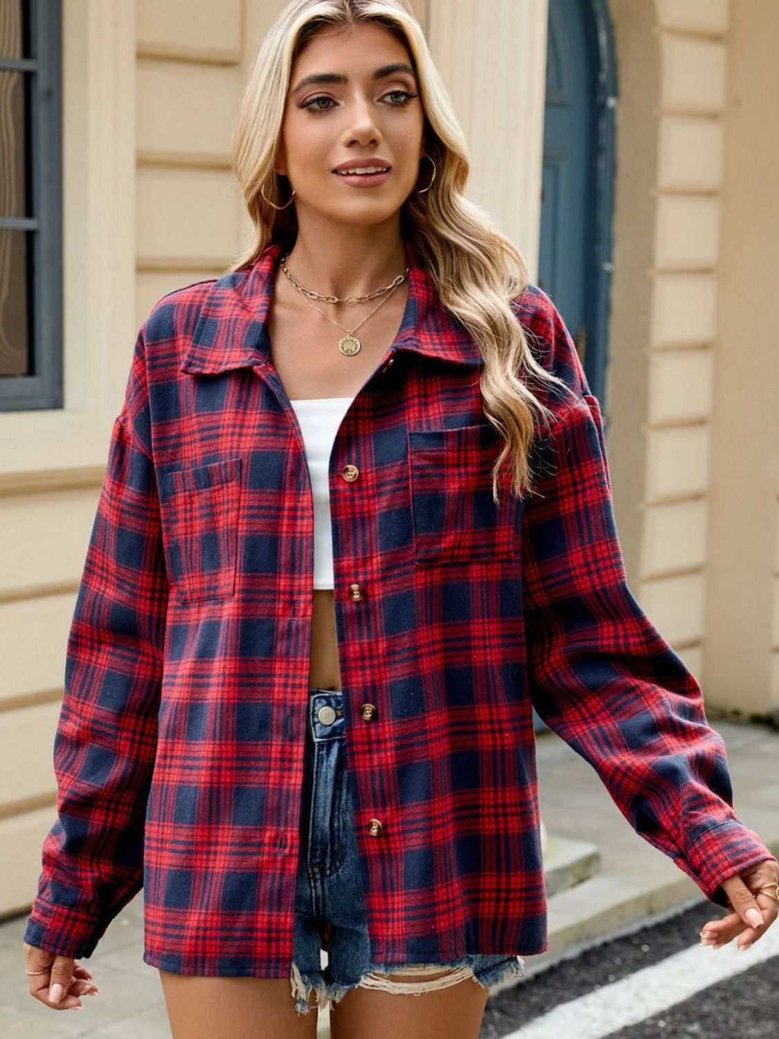 Buy scarlet Plaid Collared Neck Long Sleeve Shirt