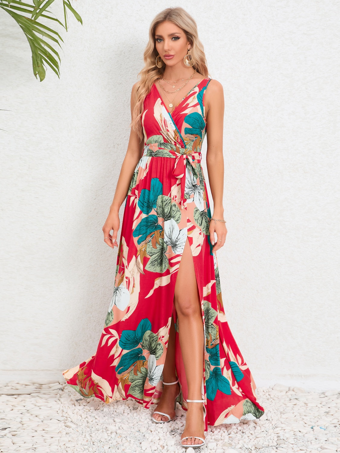 Buy red Slit Tied Printed Surplice Dress