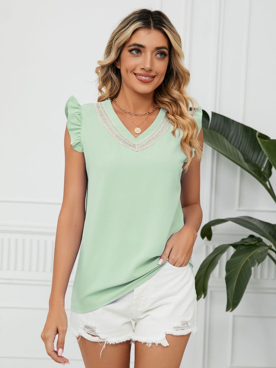 Ruffled V-Neck Cap Sleeve Blouse