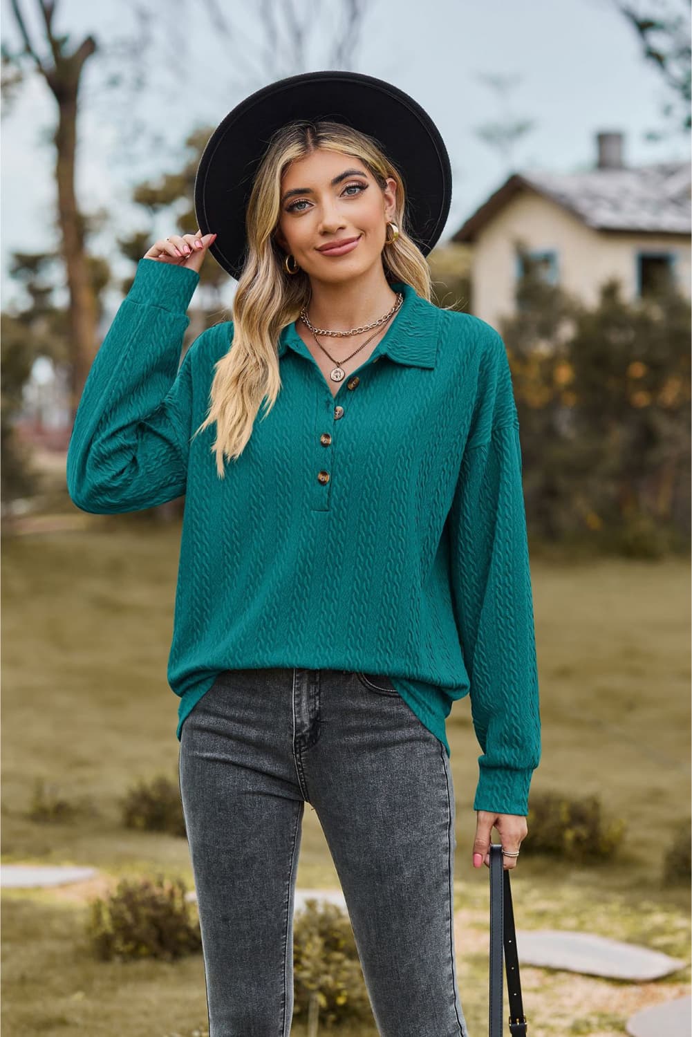 Buy turquoise Collared Neck Long Sleeve Blouse