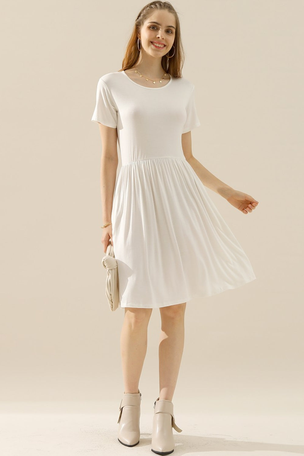 Buy white Ninexis Full Size Round Neck Ruched Dress with Pockets