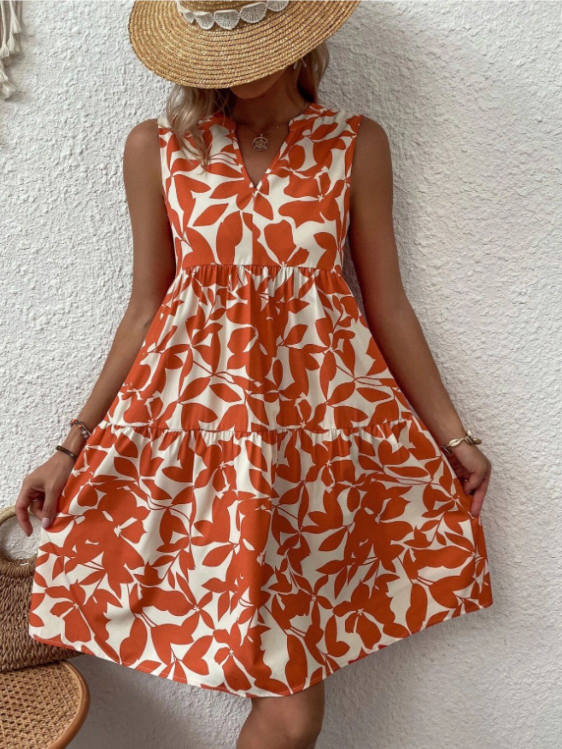 Buy orange Printed Notched Sleeveless Mini Dress