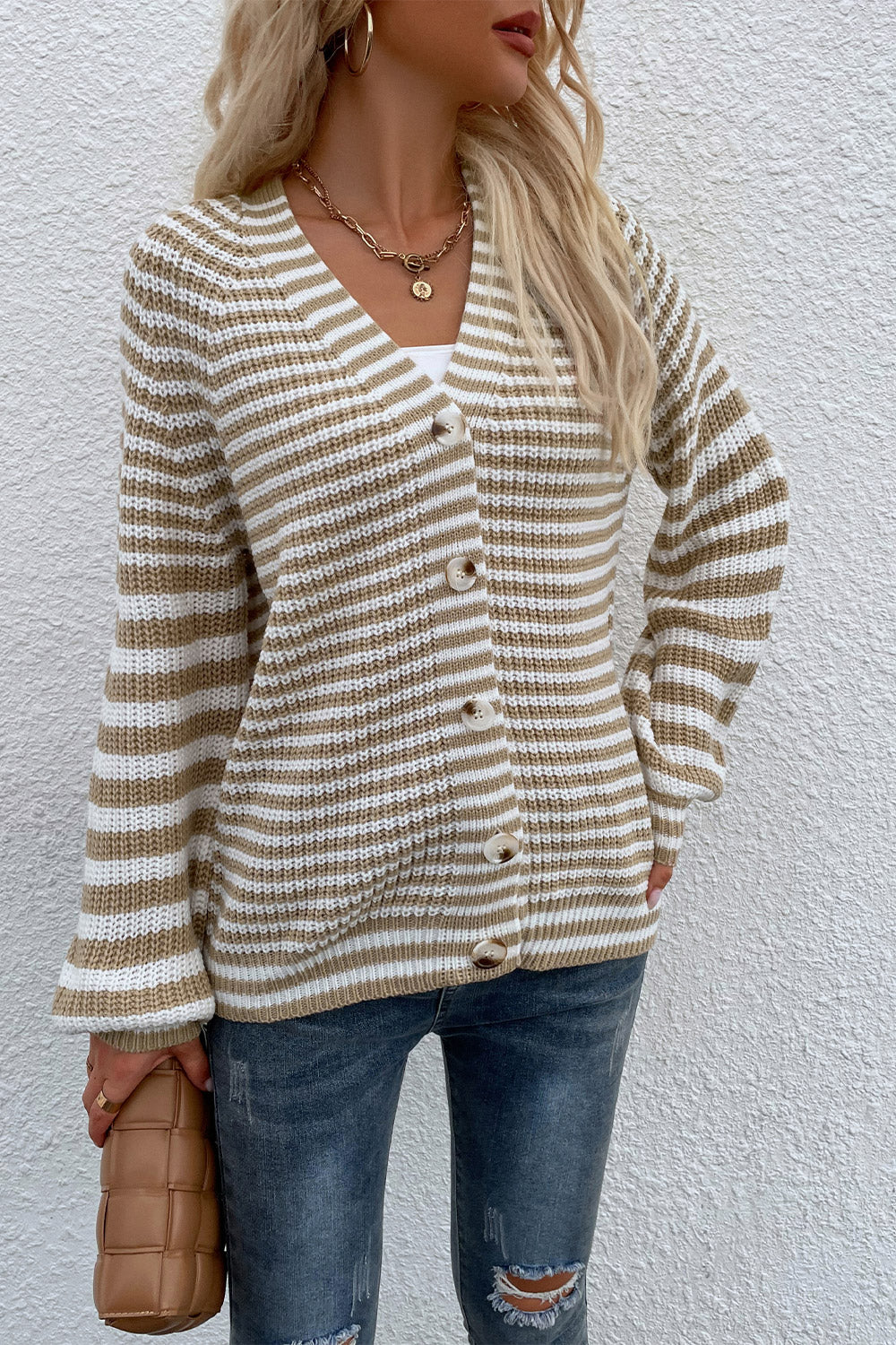 Buy khaki Striped V-Neck Button-Down Cardigan