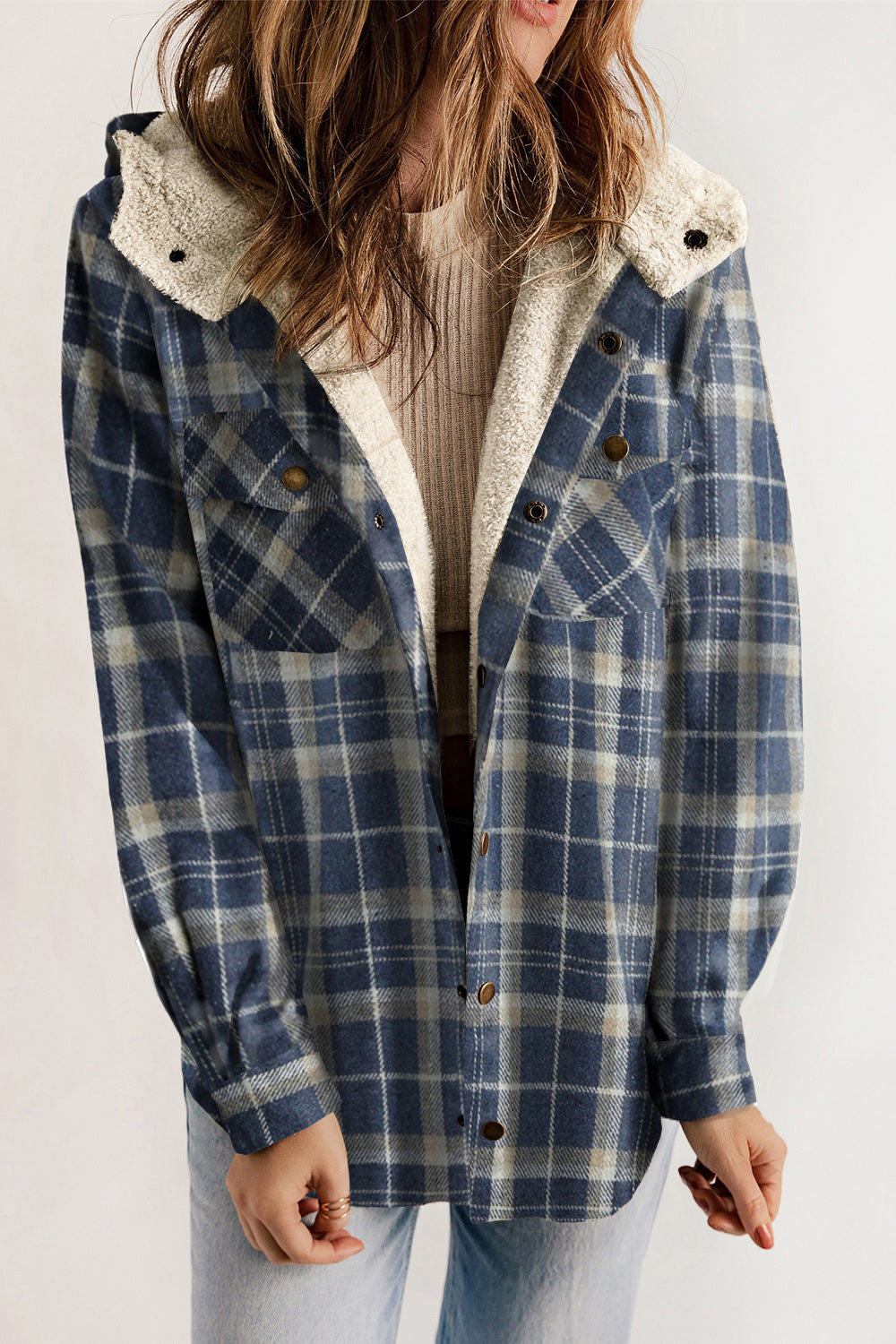 Buy peacock-blue Plaid Snap Down Hooded Jacket