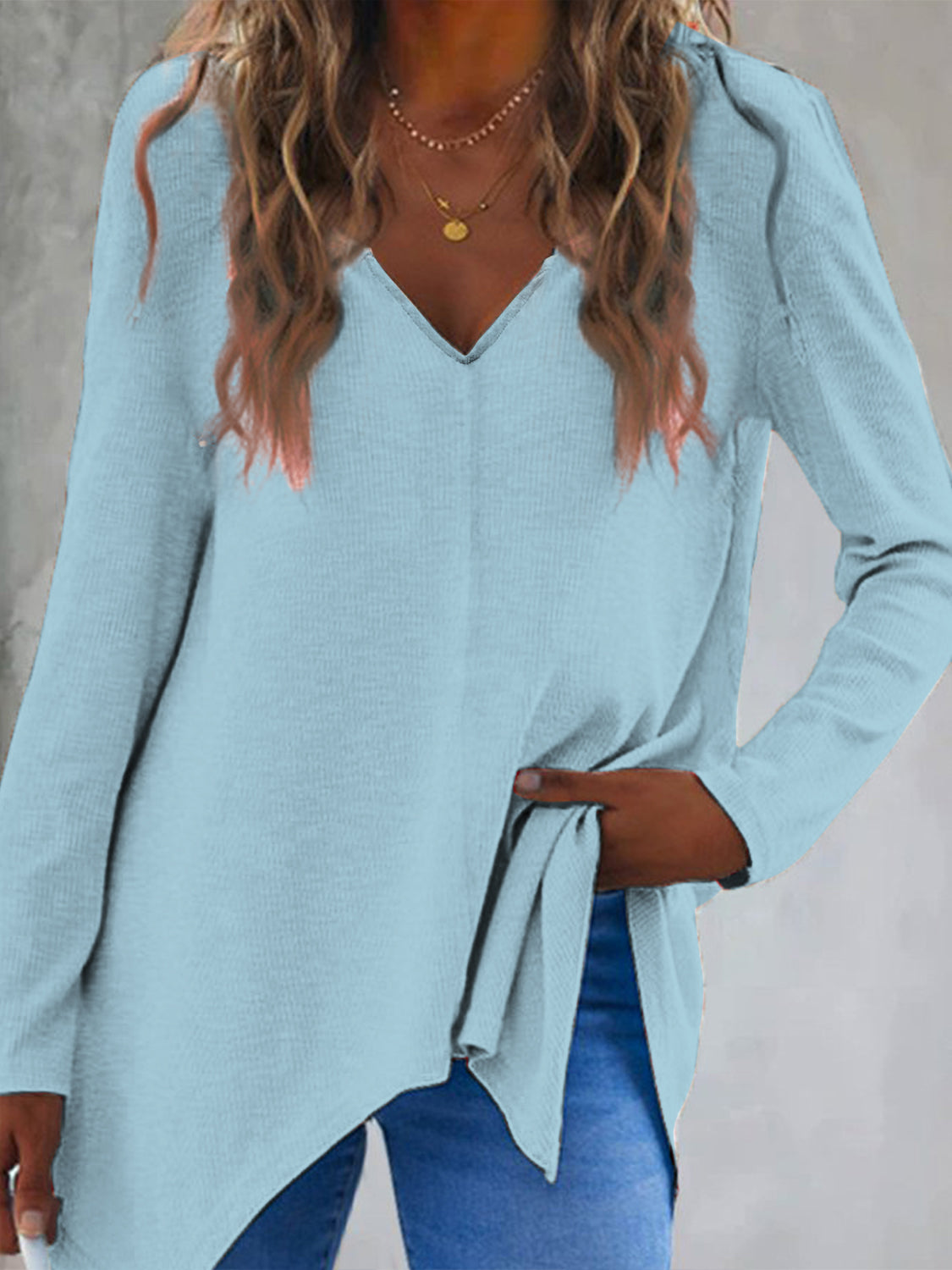 Buy pastel-blue Full Size V-Neck Long Sleeve T-Shirt