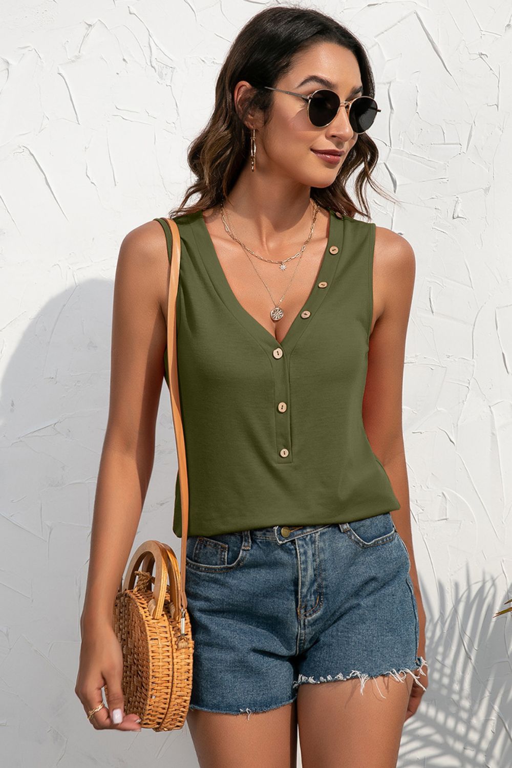 Buy matcha-green Ivy Lane Buttoned Deep V Tank