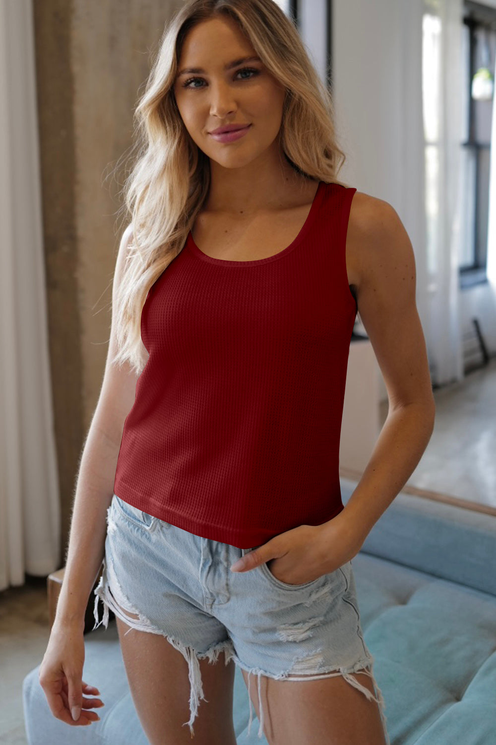 Buy burgundy FAM-FAM Scoop Neck Wide Strap Tank