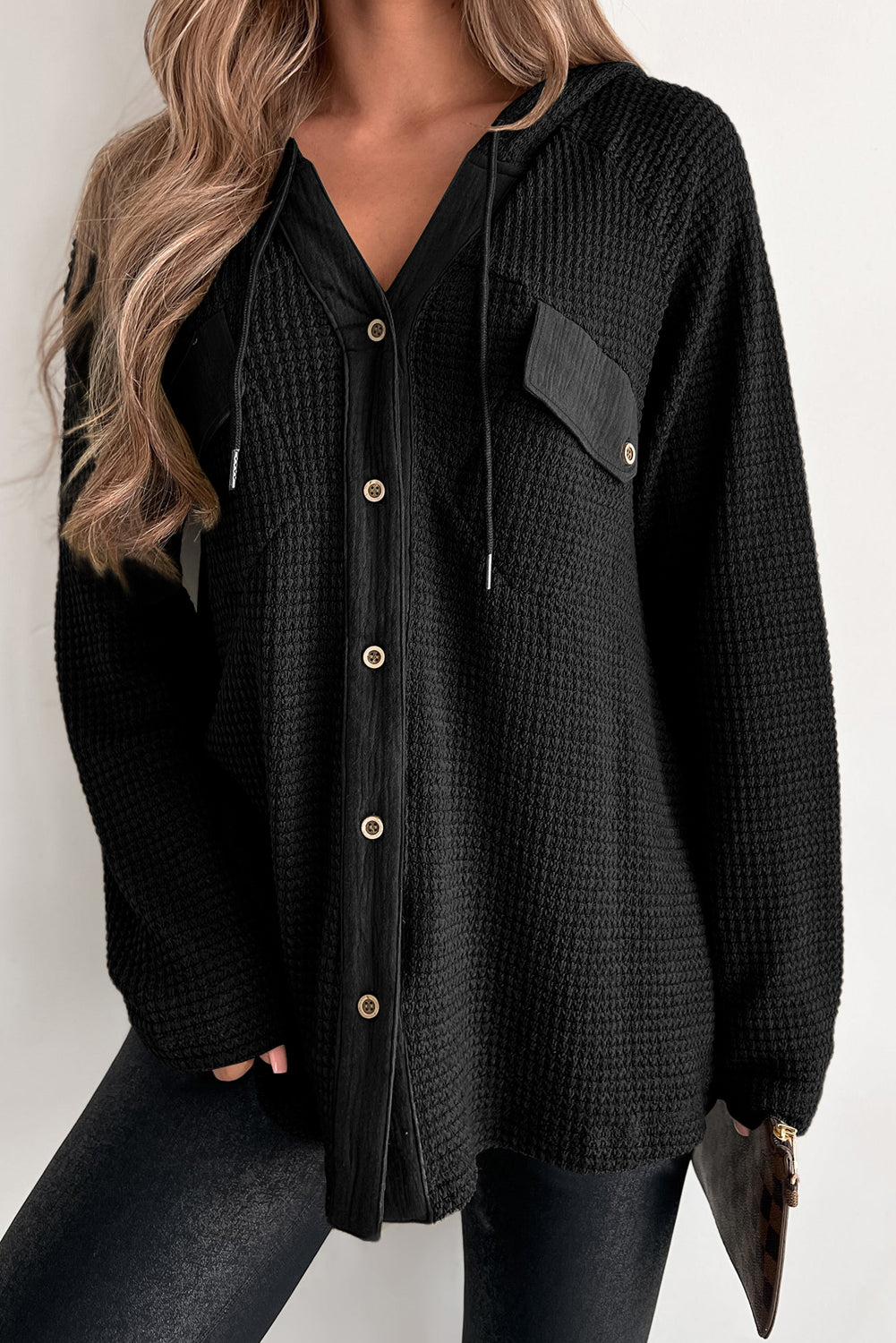 Buy black Waffle-Knit Button Up Drawstring Hoodie