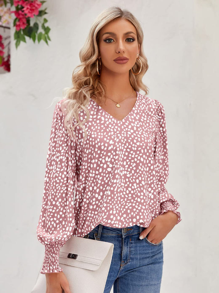 Buy dusty-pink Printed V-Neck Lantern Sleeve Blouse