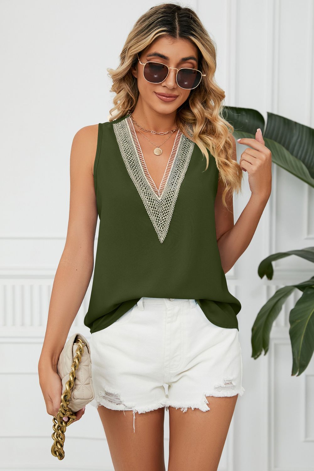 Buy forest Contrast Trim Plunge Sleeveless Blouse