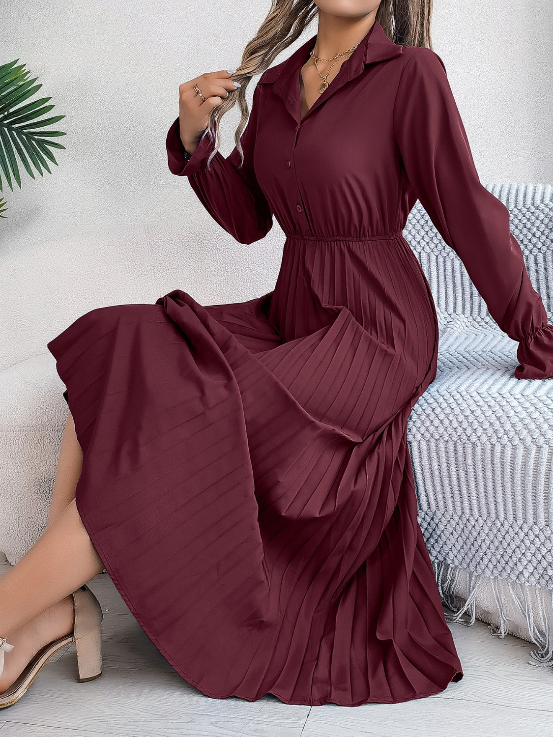 Buy burgundy Pleated Half Button Long Sleeve Midi Dress