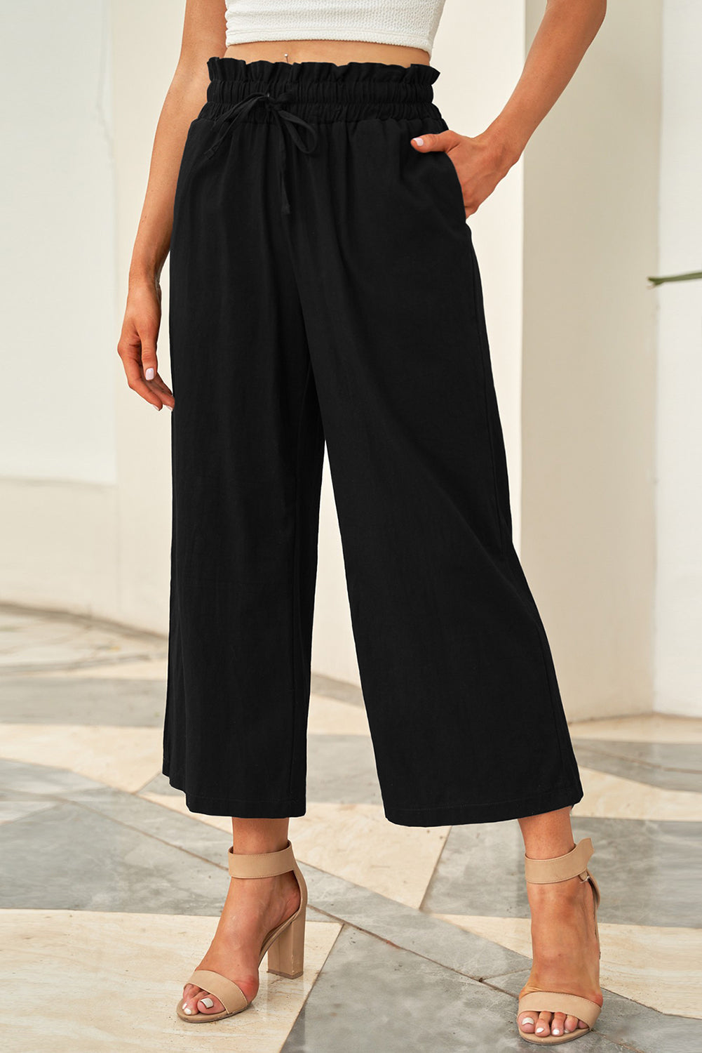 Buy black Drawstring Paperbag Waist Wide Leg Pants