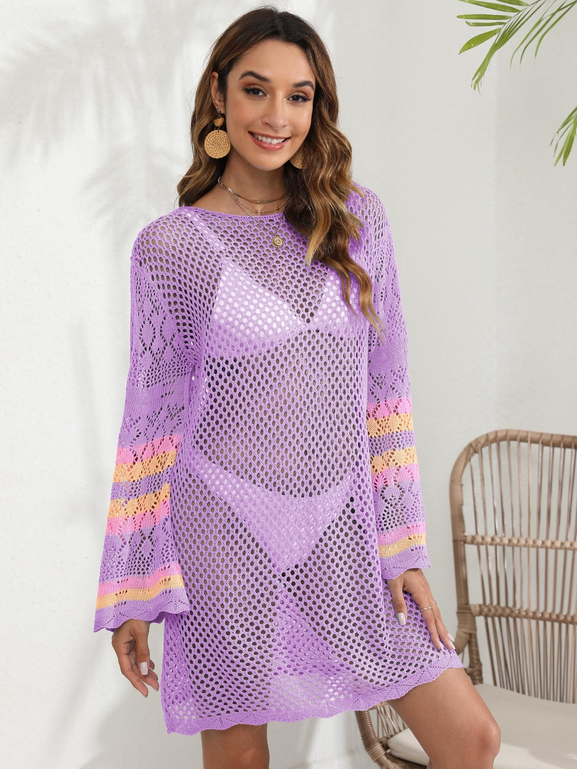 Buy red-violet Openwork Contrast Long Sleeve Cover-Up