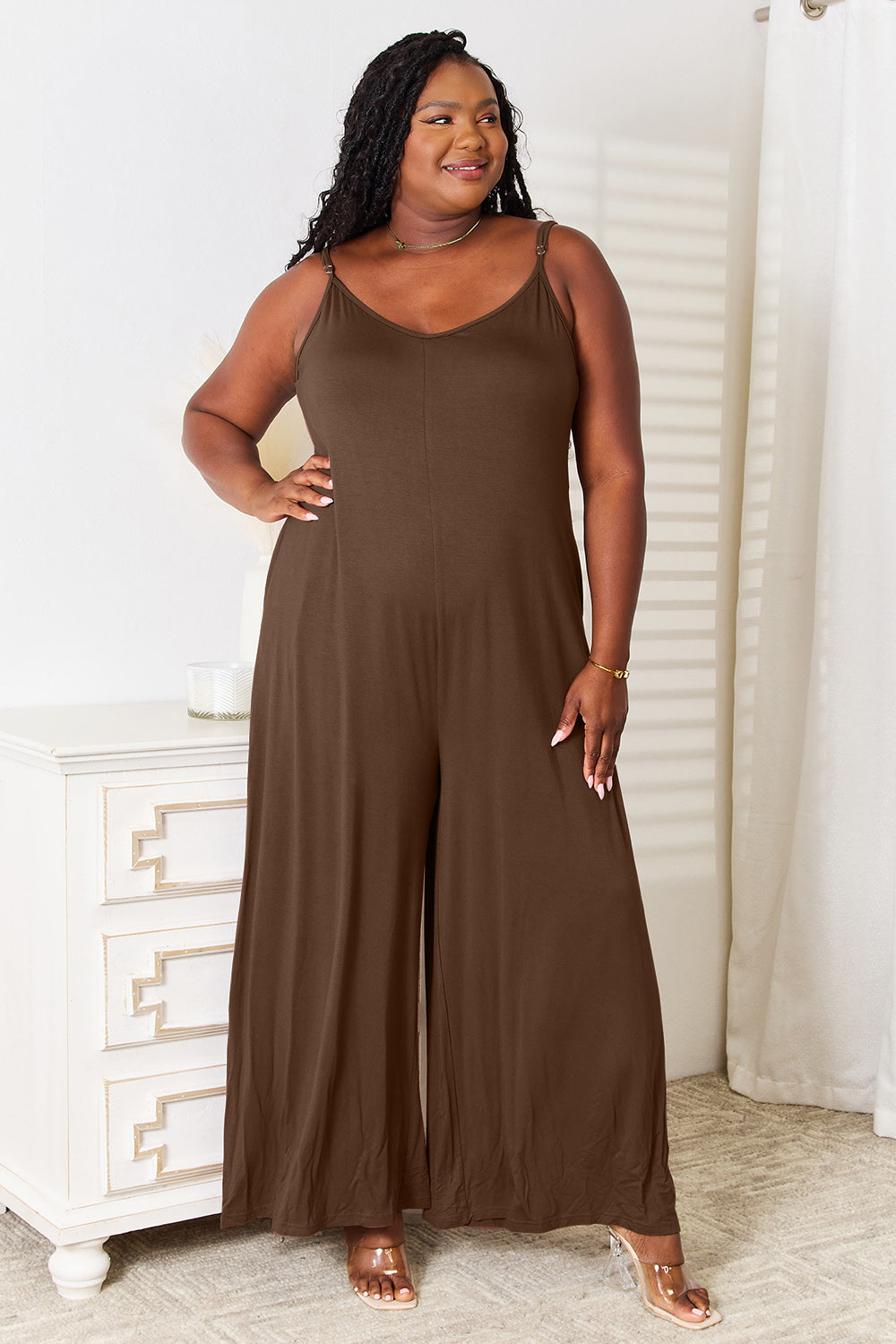 Buy mocha Double Take Full Size Soft Rayon Spaghetti Strap Tied Wide Leg Jumpsuit