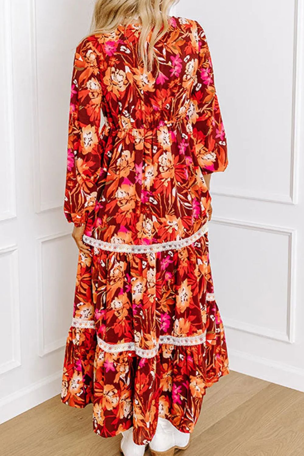 Printed V-Neck Long Sleeve Midi Dress