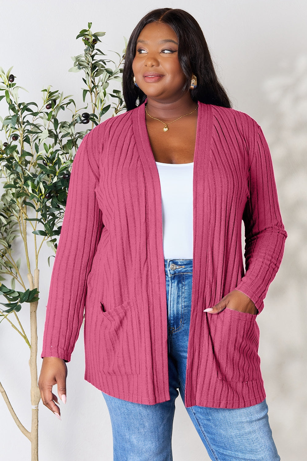 Buy pink Basic Bae Full Size Ribbed Open Front Cardigan with Pockets