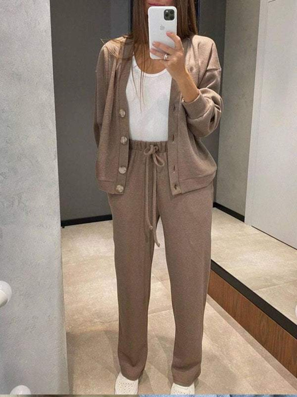 Buy taupe Full Size Button Up Long Sleeve Top and Pants Set