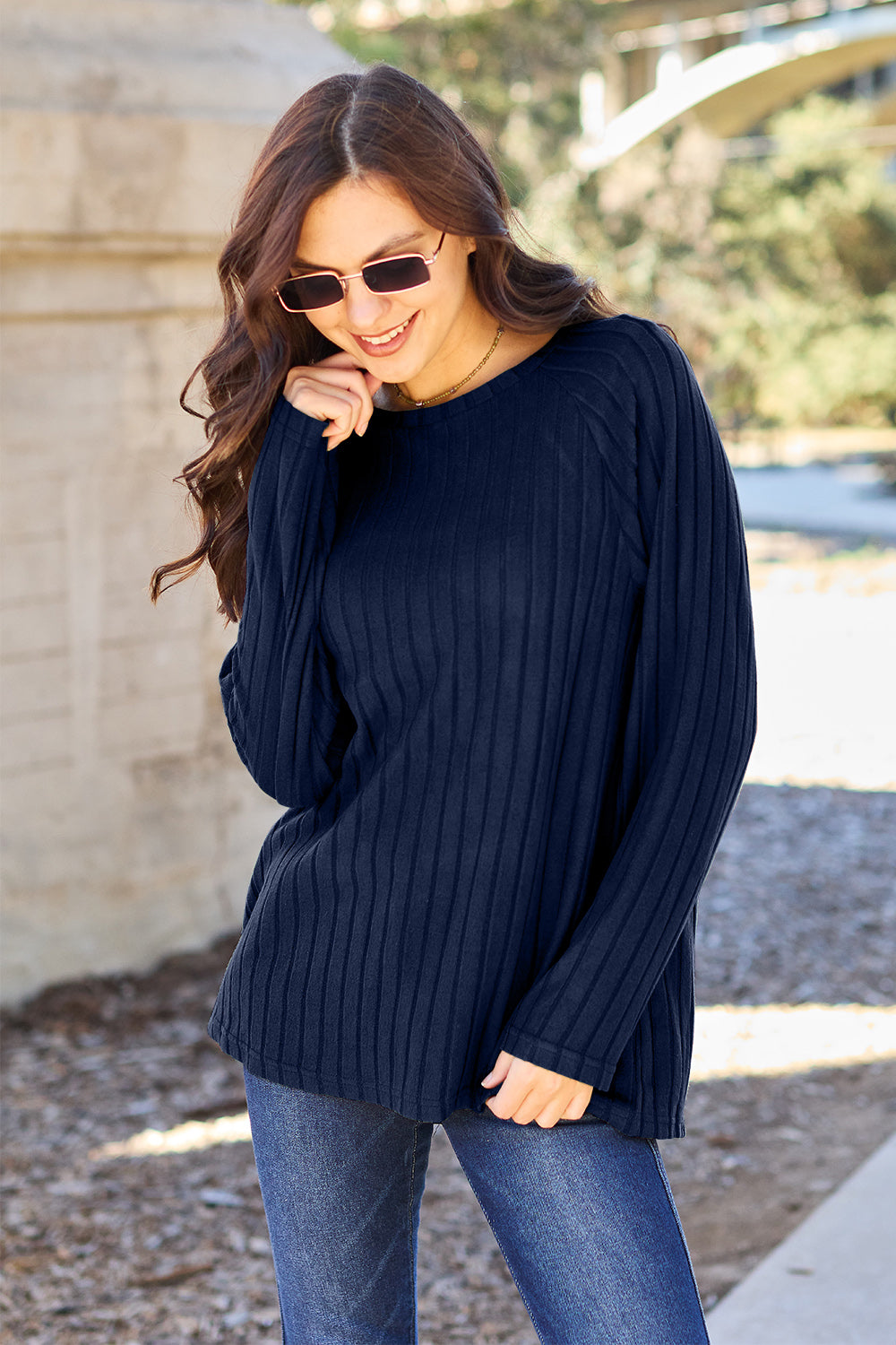 Buy dark-blue Basic Bae Full Size Ribbed Round Neck Long Sleeve Knit Top