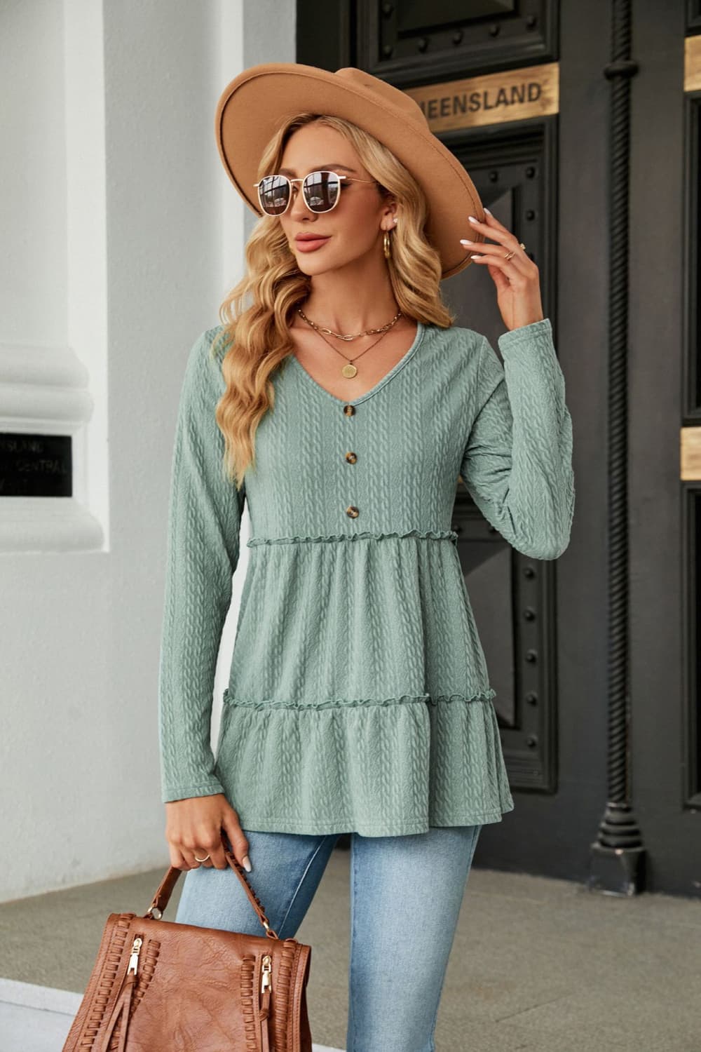 Buy sage Long Sleeve V-Neck Cable-Knit Blouse