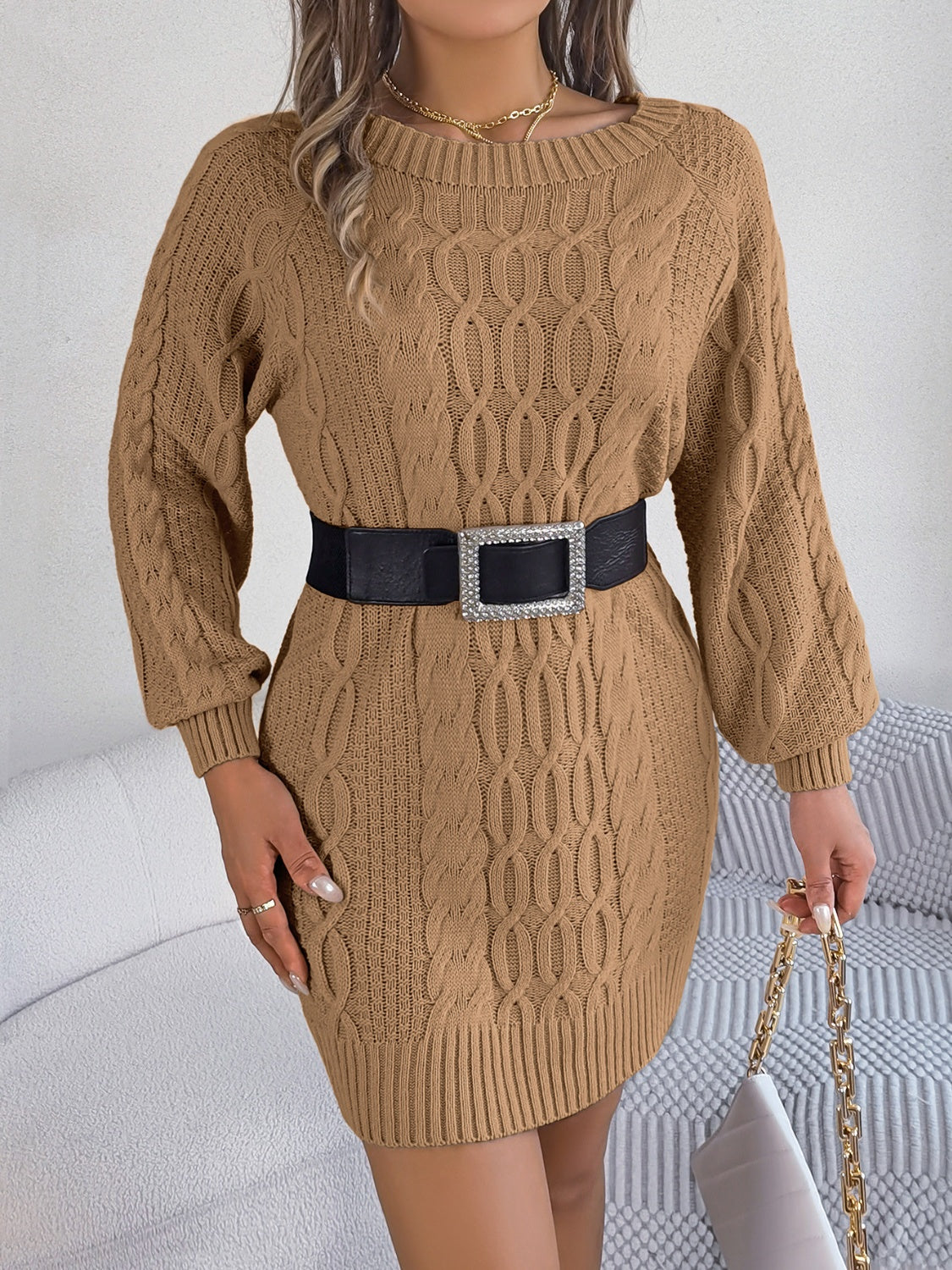 Buy camel Cable-Knit Round Neck Sweater Dress