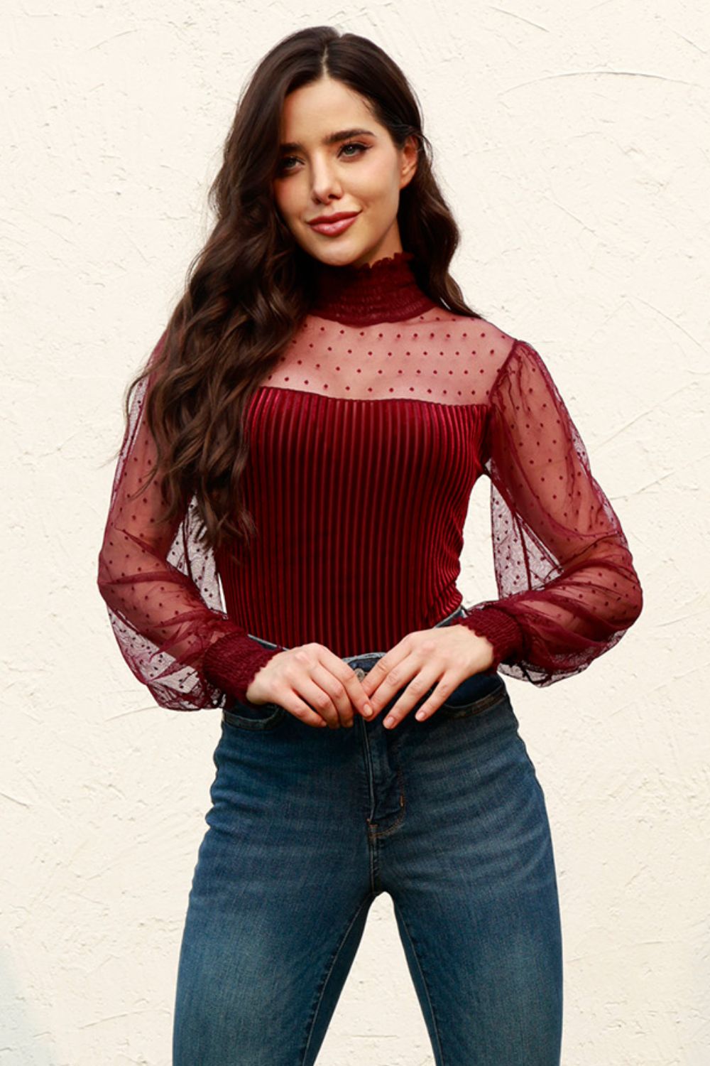 Buy burgundy Mesh Long Sleeve Velvet Bodysuit