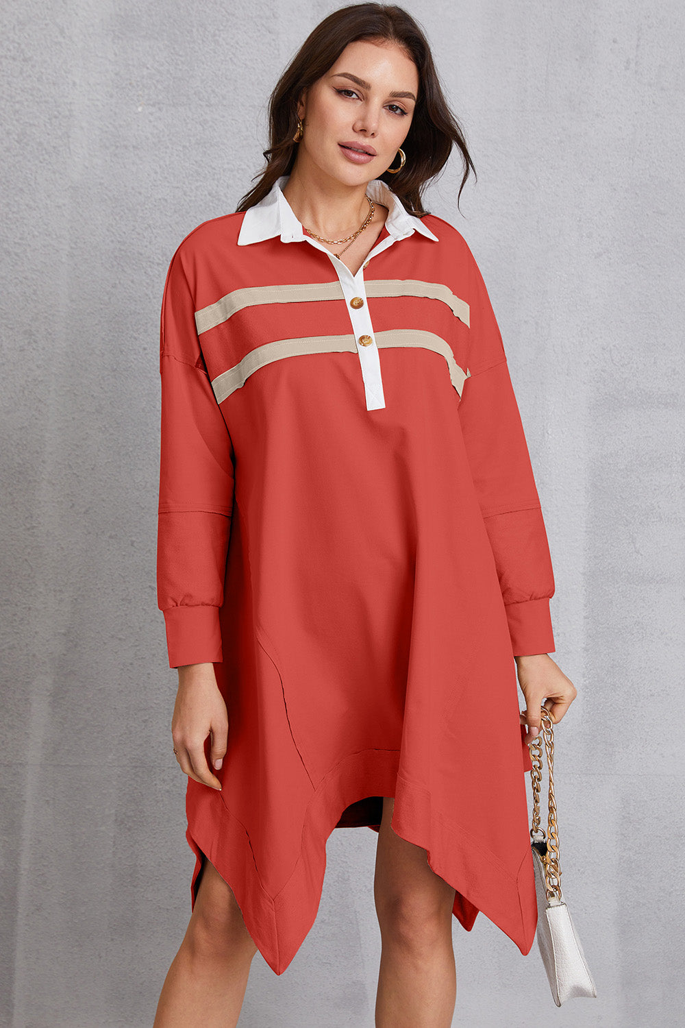 Buy orange-red Half Button Handkerchief Hem Dress