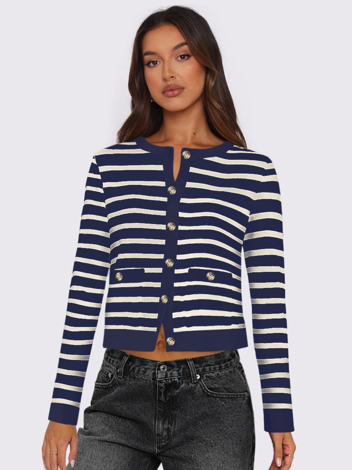 Buy navy Striped Round Neck Button Up Long Sleeve Cardigan