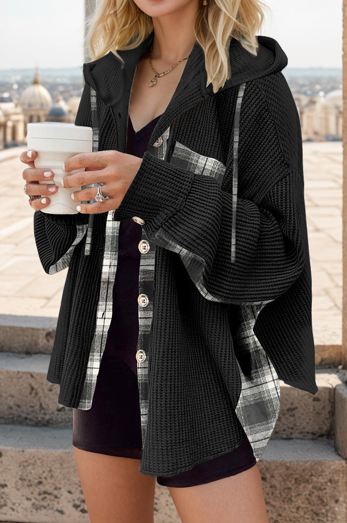 Buy black Plaid Waffle-Knit Drawstring Hooded Jacket