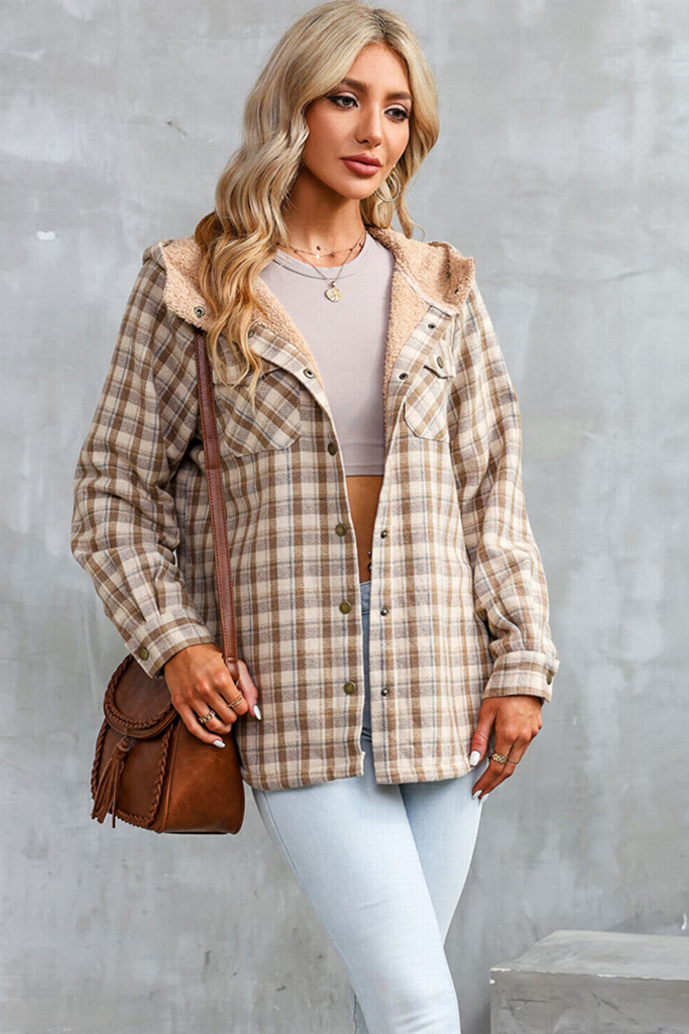 Buy beige Plaid Snap Down Hooded Jacket