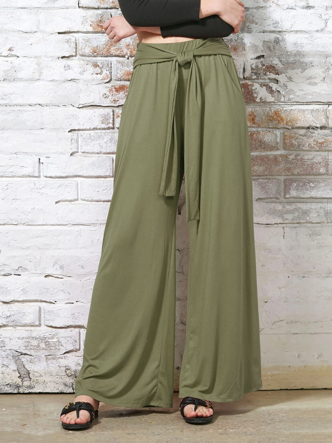 Buy matcha-green Tied Wide Leg Pants with Pockets