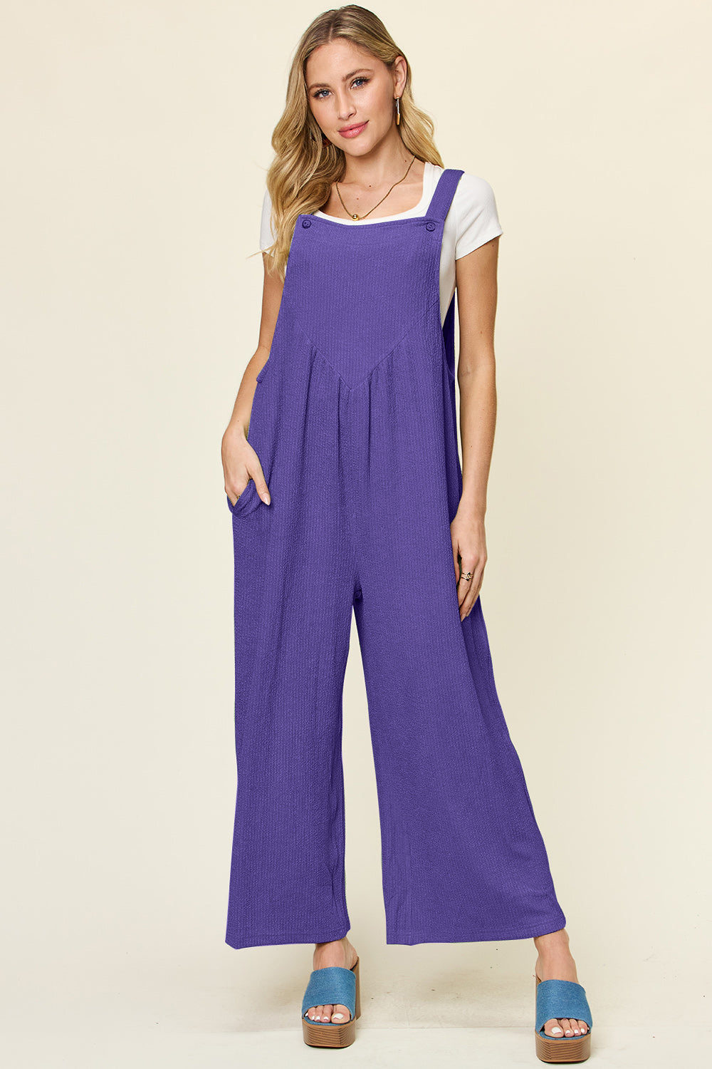 Buy indigo Double Take Full Size Texture Sleeveless Wide Leg Overall