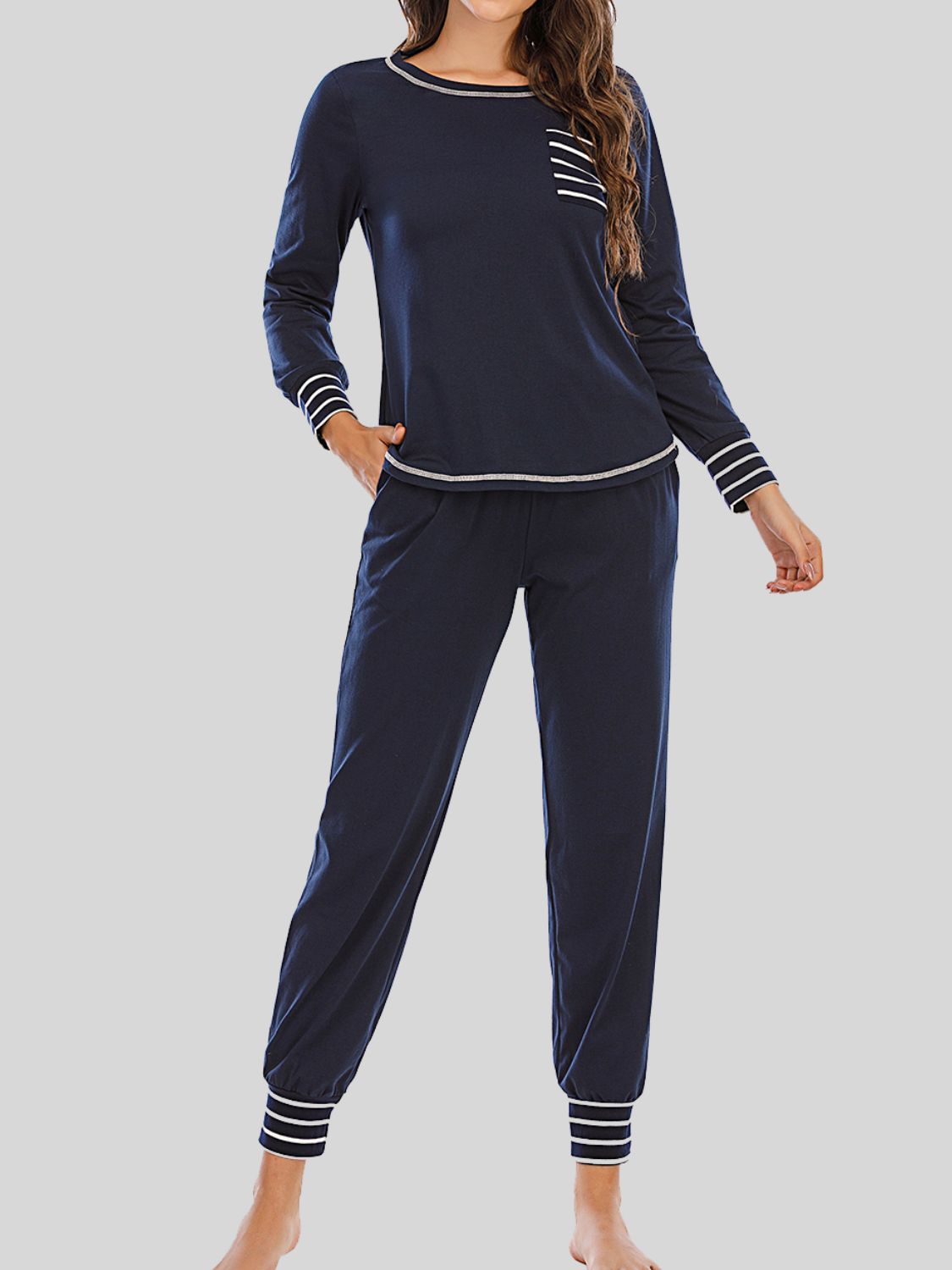 Buy dark-navy Round Neck Top and Pants Lounge Set