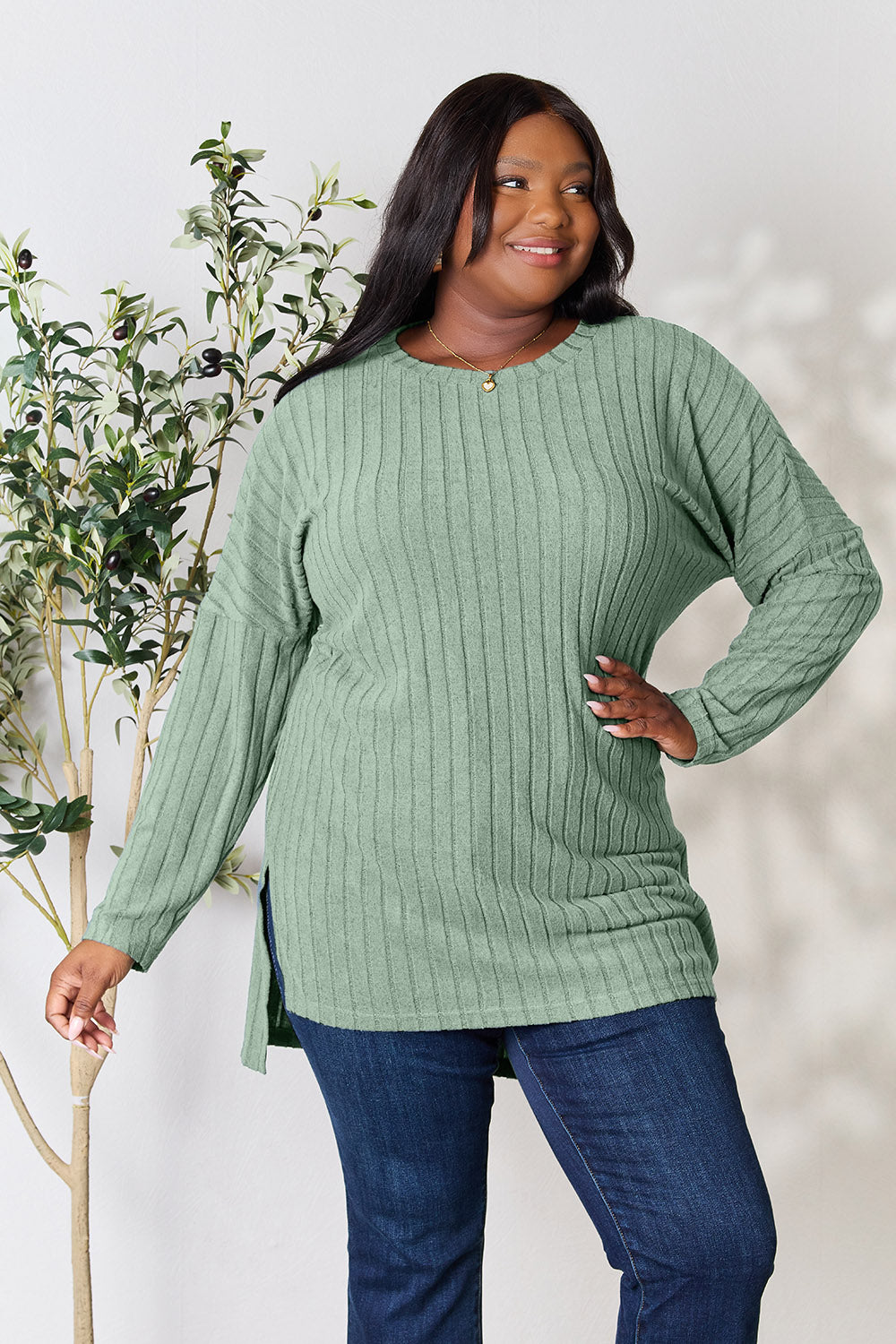 Buy light-green Basic Bae Full Size Ribbed Round Neck Long Sleeve Slit Top