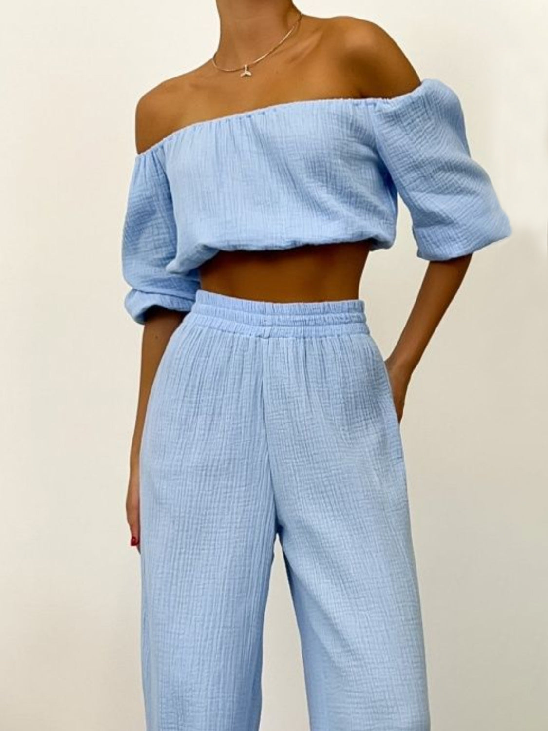 Buy light-blue Off Shoulder Long Sleeve Top and Pants Set