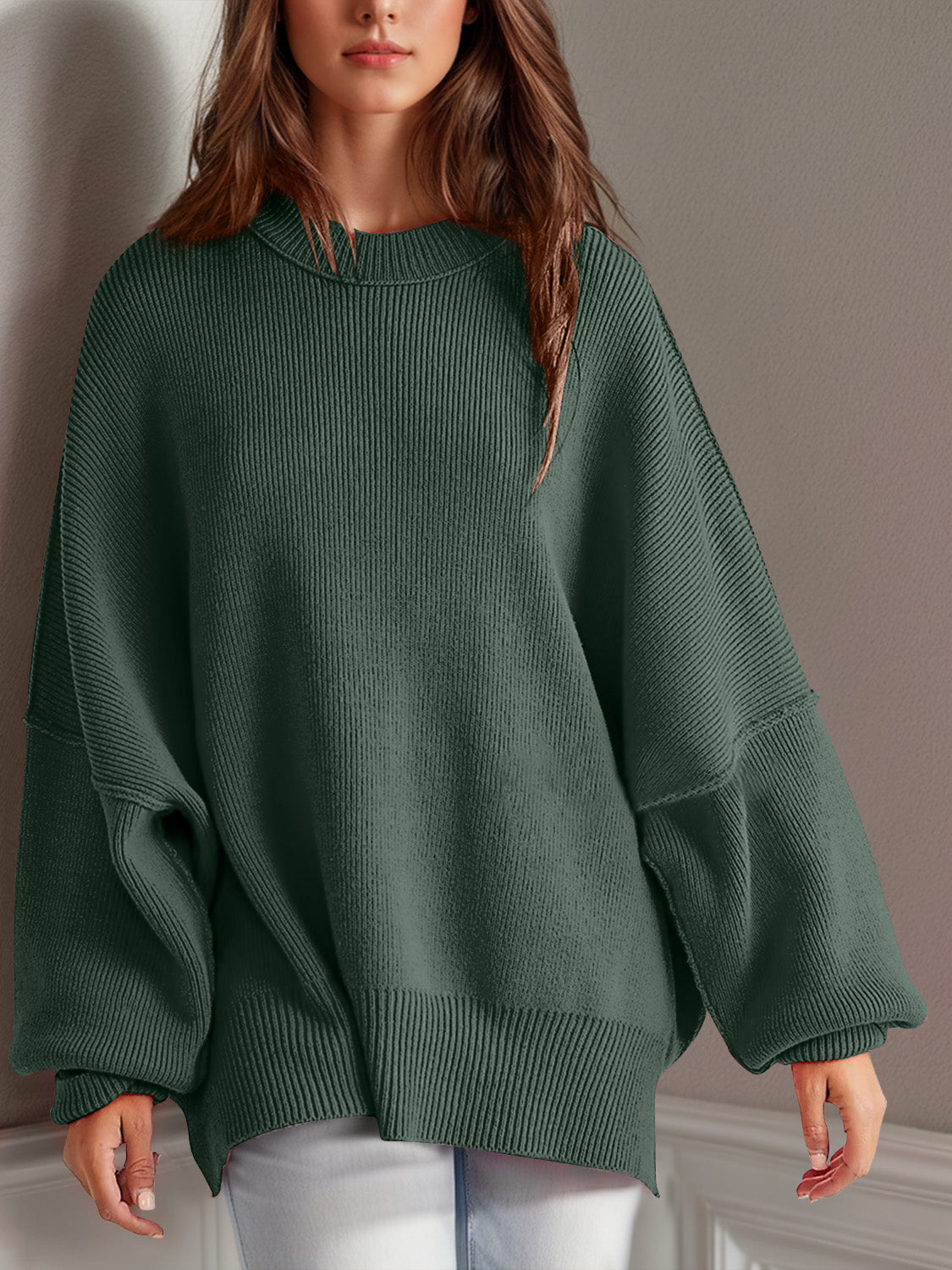 Buy moss Double Take Side Slit Round Neck Long Sleeve Sweater