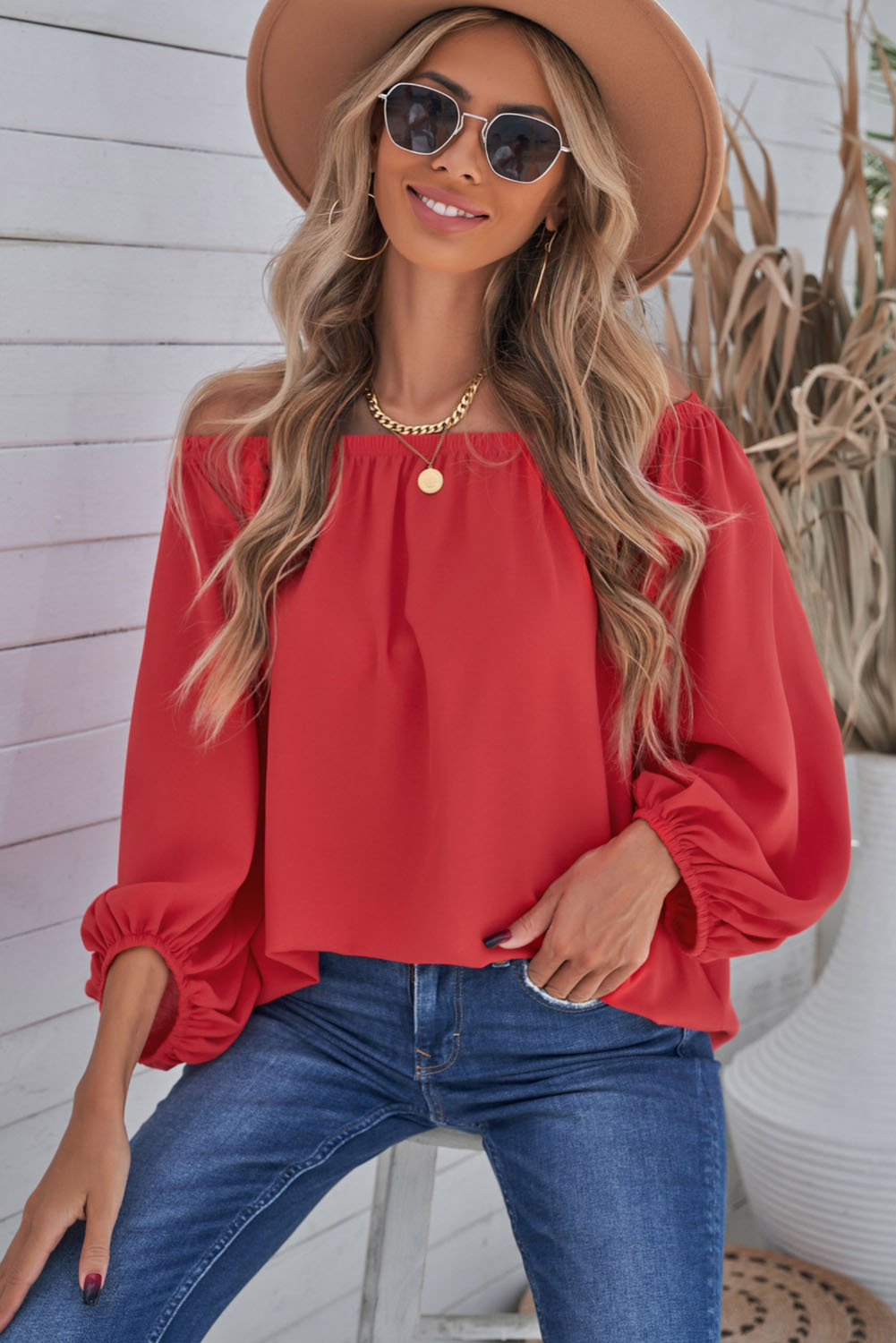 Buy red Off-Shoulder Balloon Sleeve Top