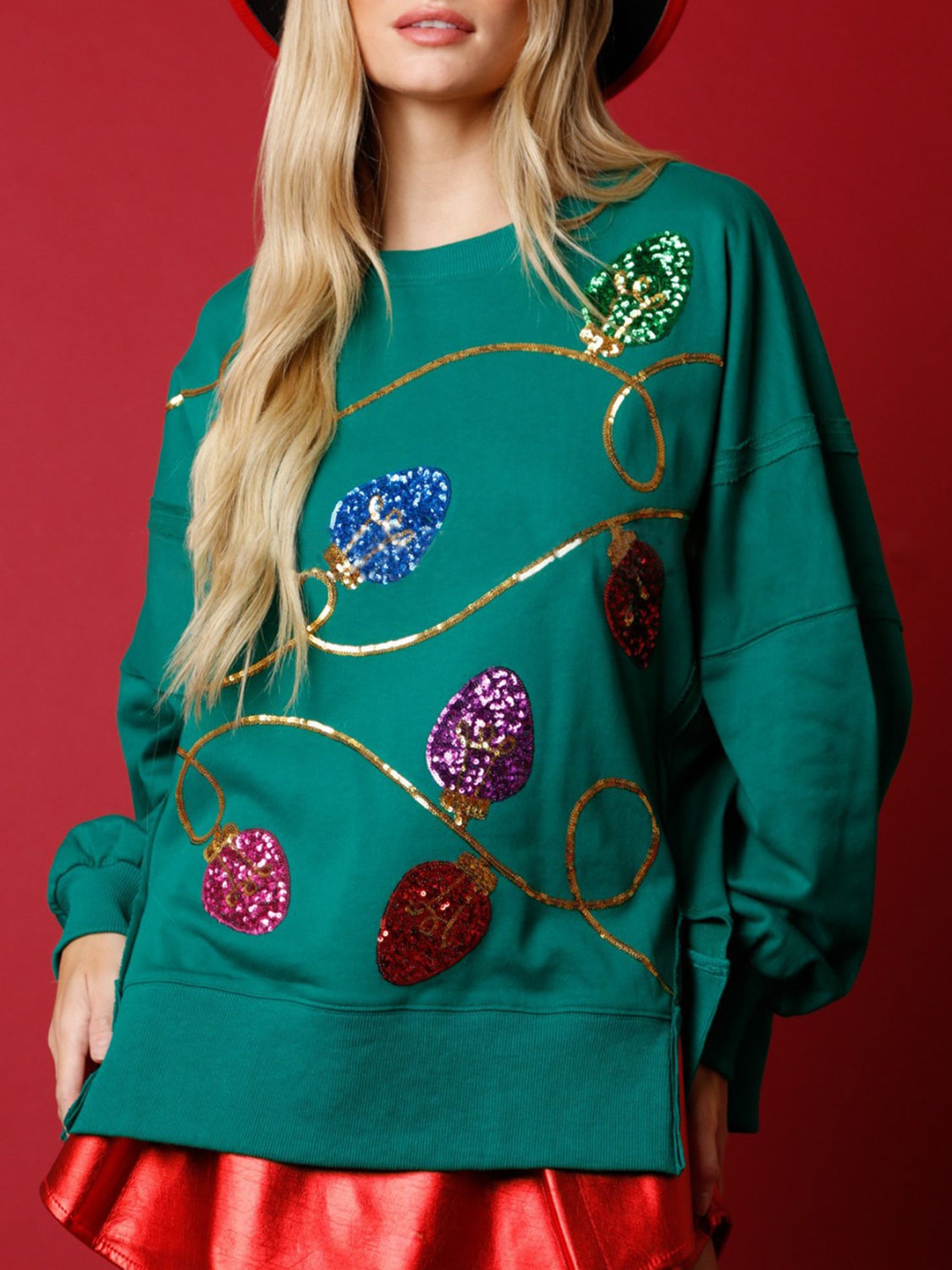 Buy teal Slit Sequin Round Neck Sweatshirt