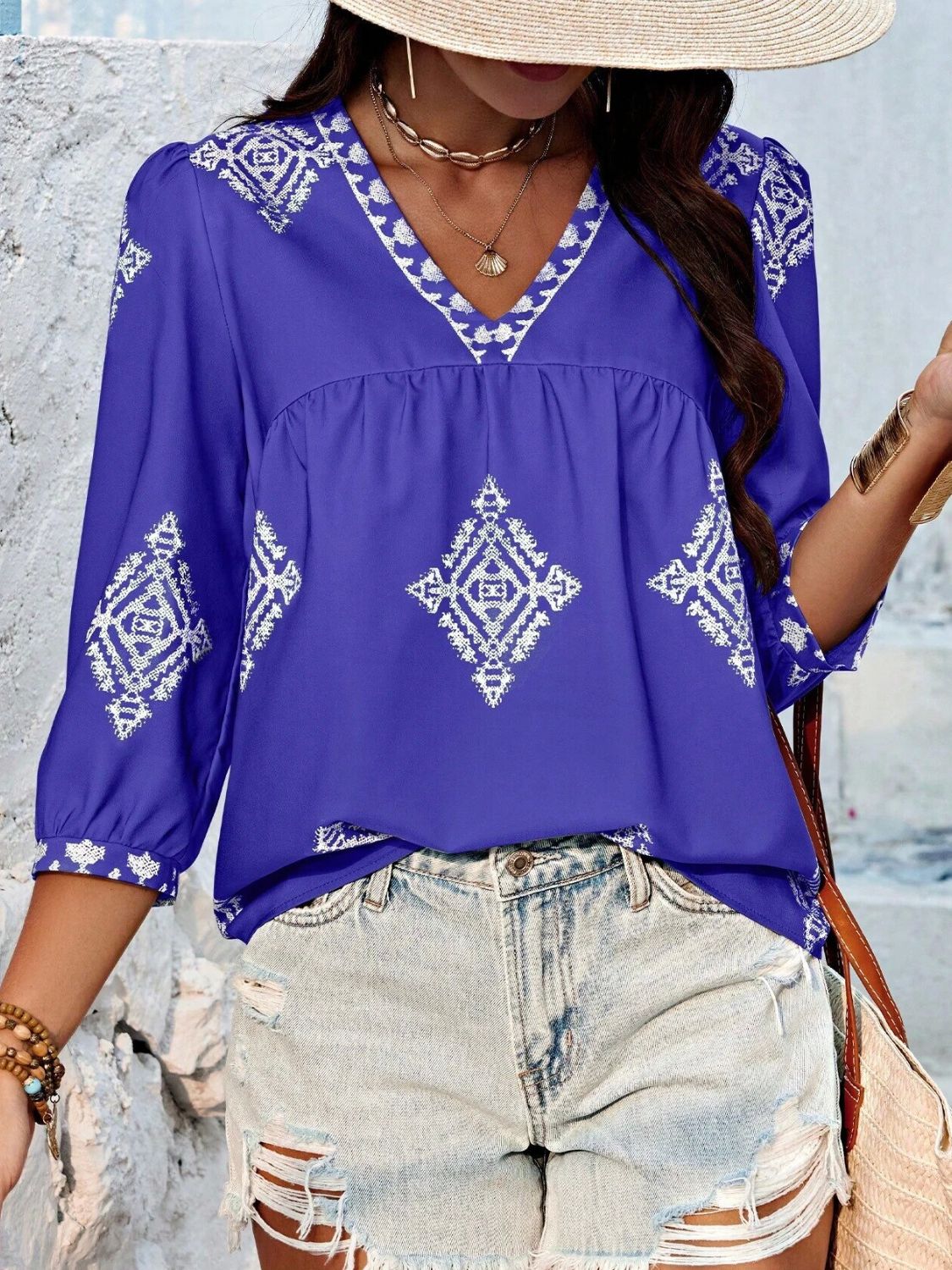 Buy royal-blue Printed V-Neck Three-Quarter Sleeve Blouse