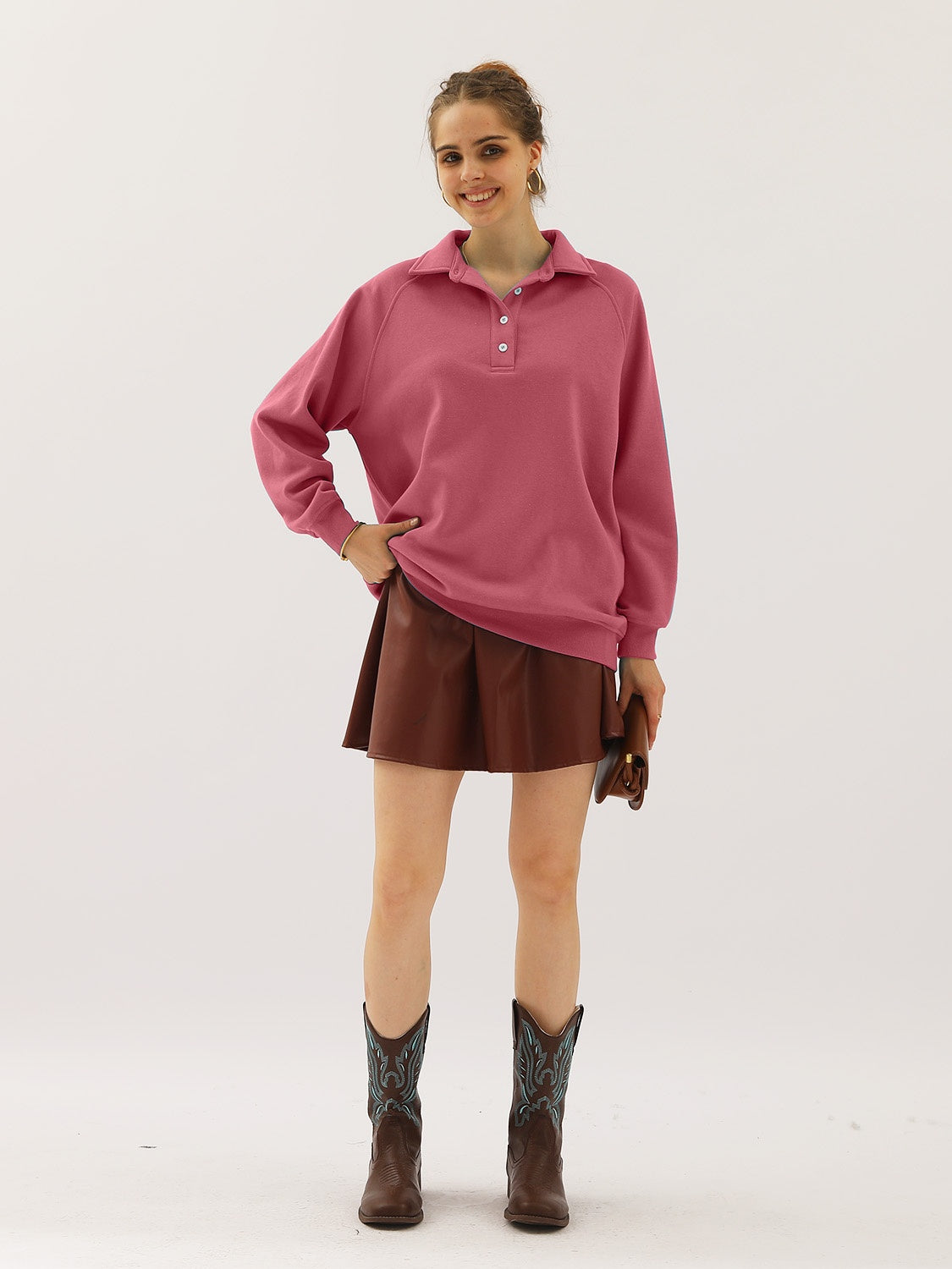 Buy dusty-pink Ninexis Full Size Quarter-Button Collared Sweatshirt