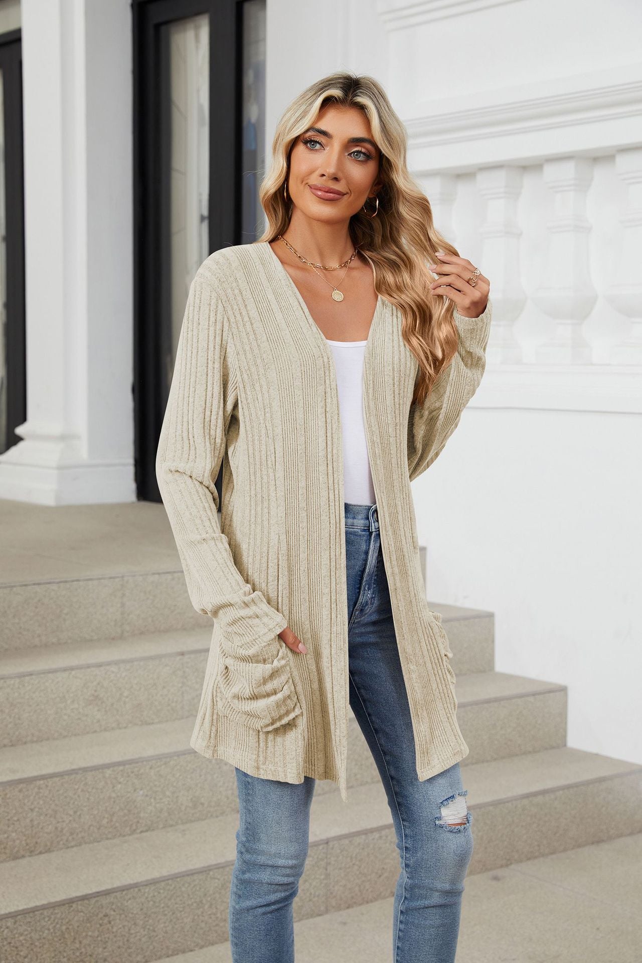 Buy beige Pocketed Open Front Long Sleeve Cardigan