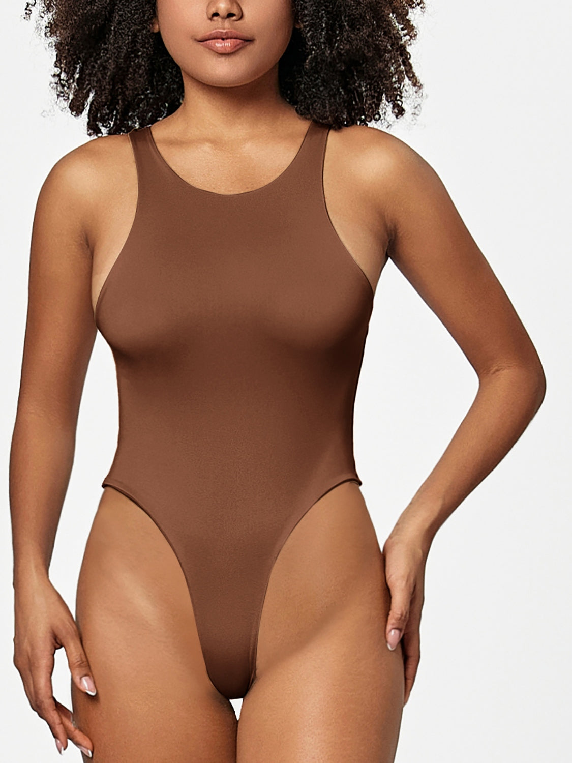 Buy brown Full Size Round Neck Wide Strap Bodysuit