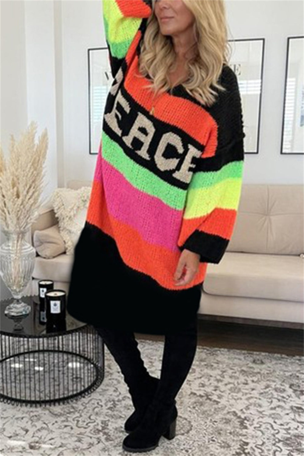 Buy black Color Block V-Neck Long Sleeve Sweater Dress