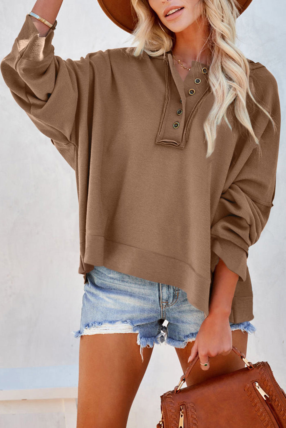 Buy camel Quarter-Button Exposed Seam Dropped Shoulder Hoodie