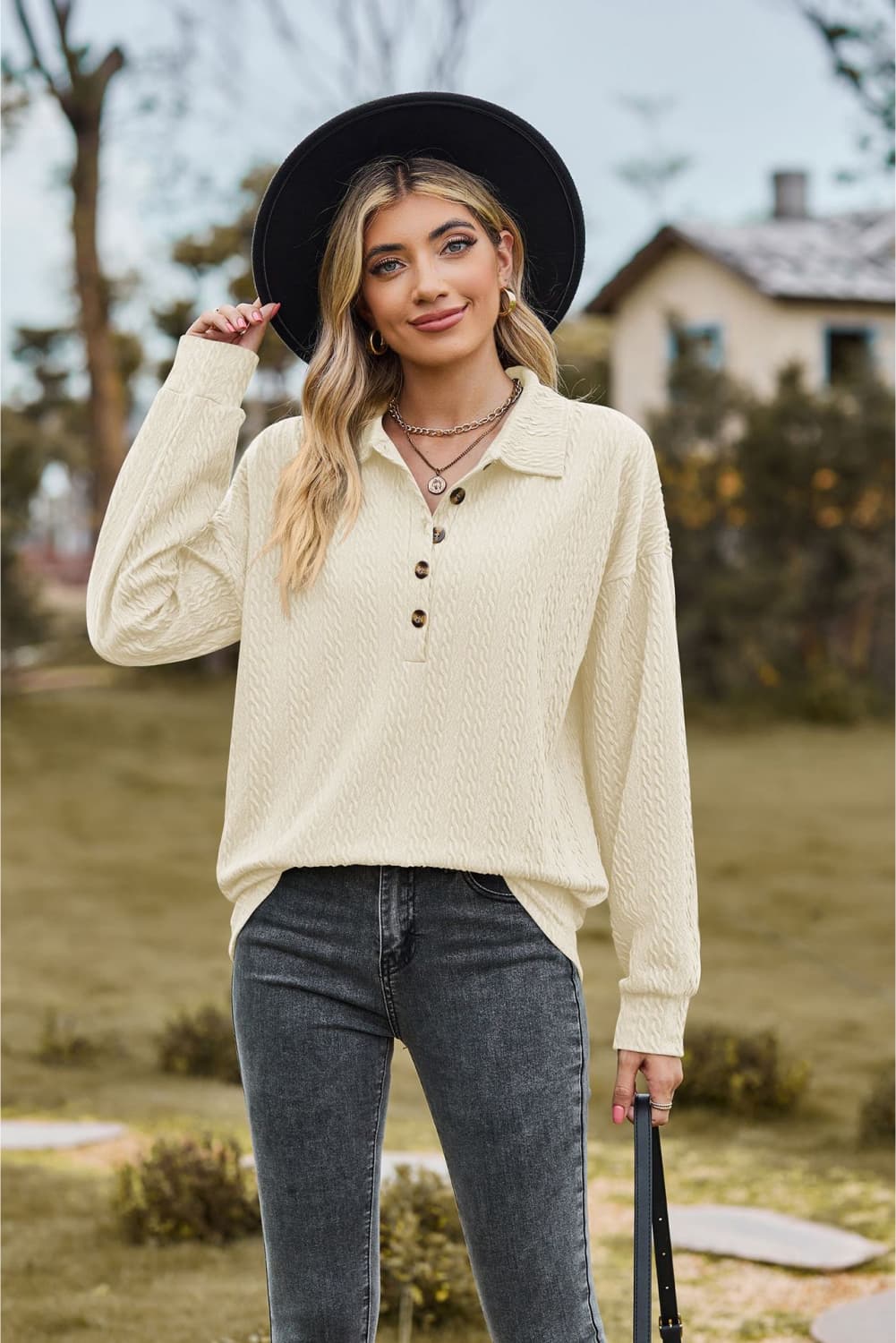 Buy ivory Collared Neck Long Sleeve Blouse