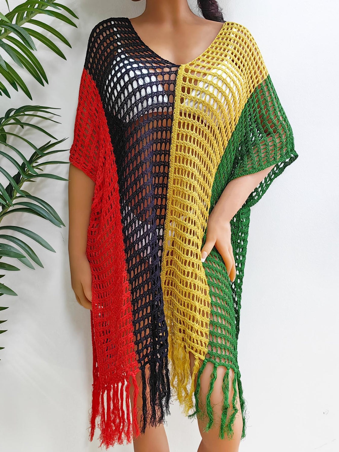 Buy green Fringe Color Block Scoop Neck Cover Up