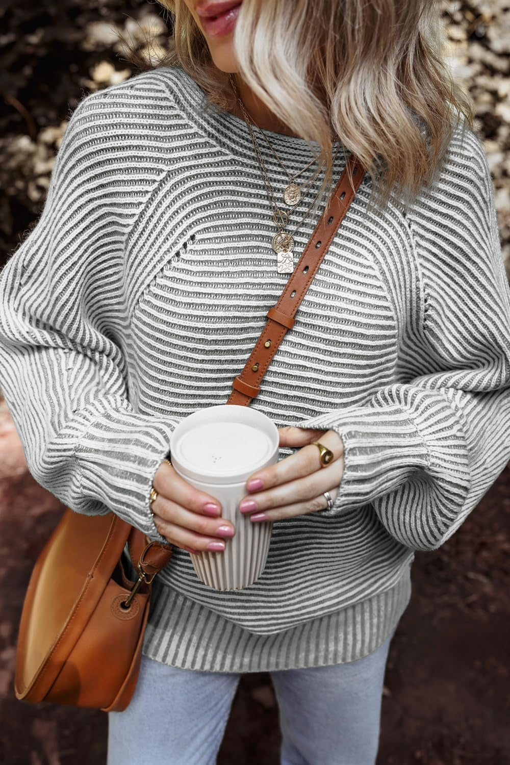 Buy gray Textured Striped Round Neck Long Sleeve Top