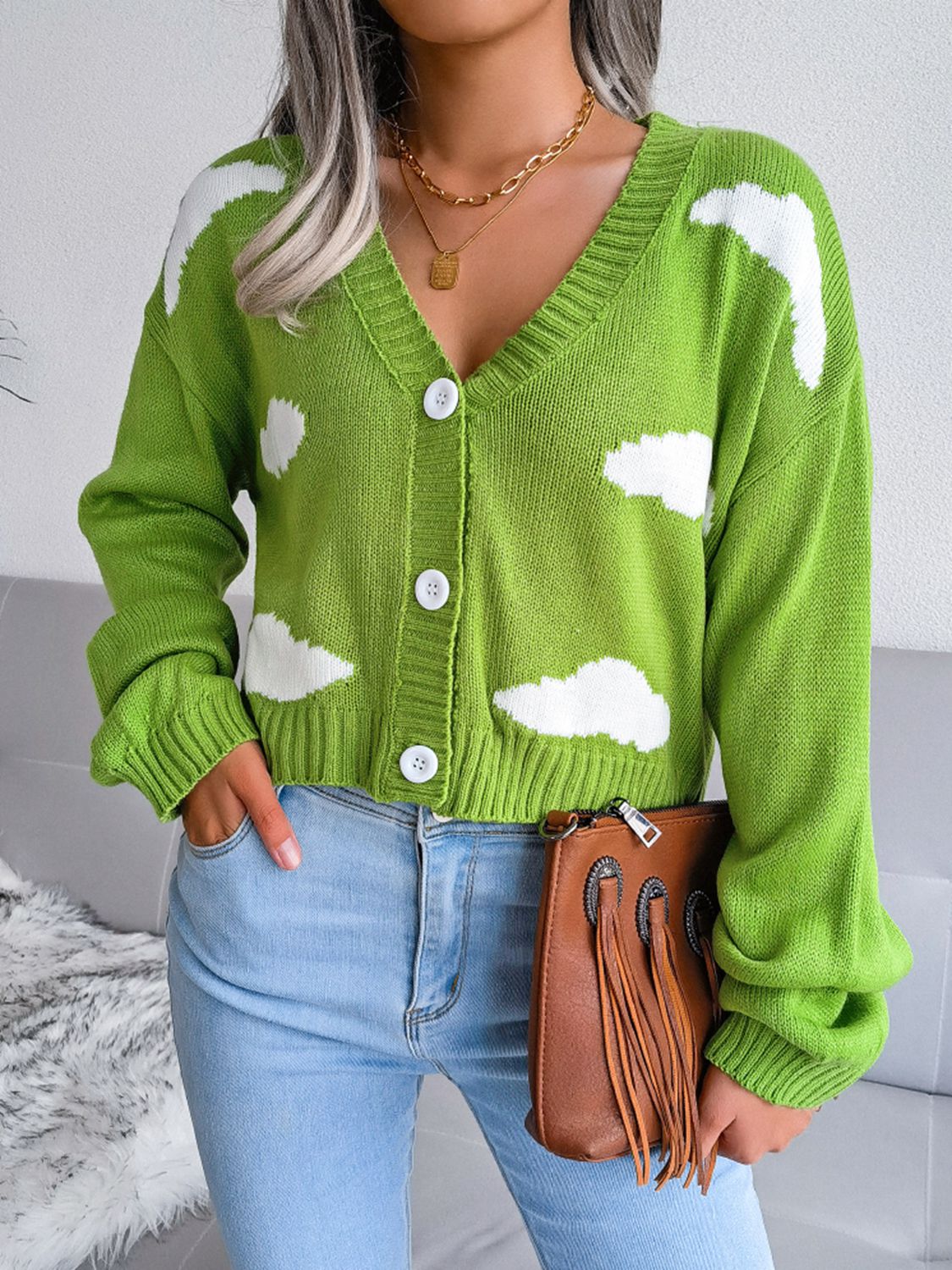 Buy green Cloud Print Button Down Ribbed Trim Cardigan