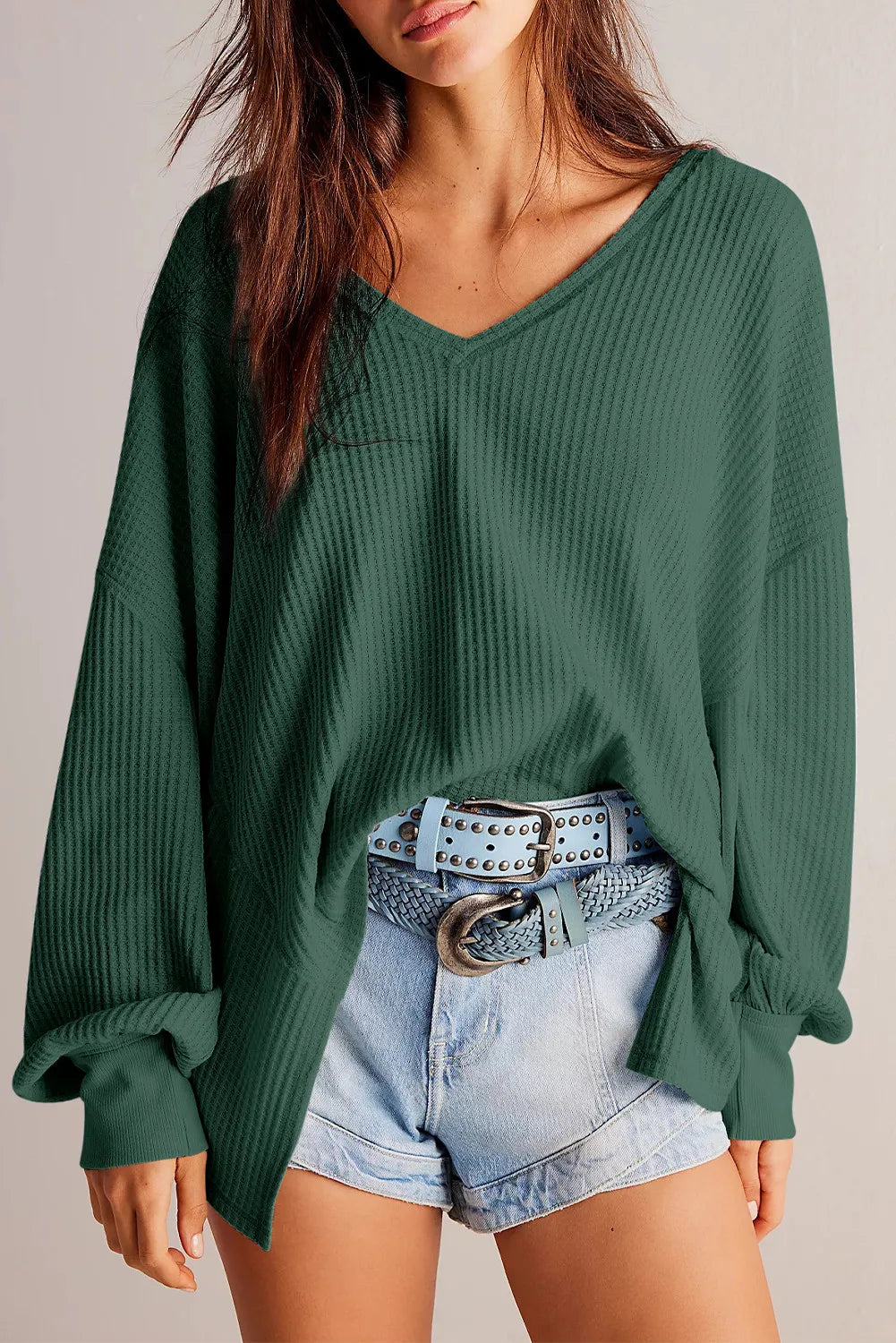 Buy dark-green Waffle-Knit V-Neck Long Sleeve Top